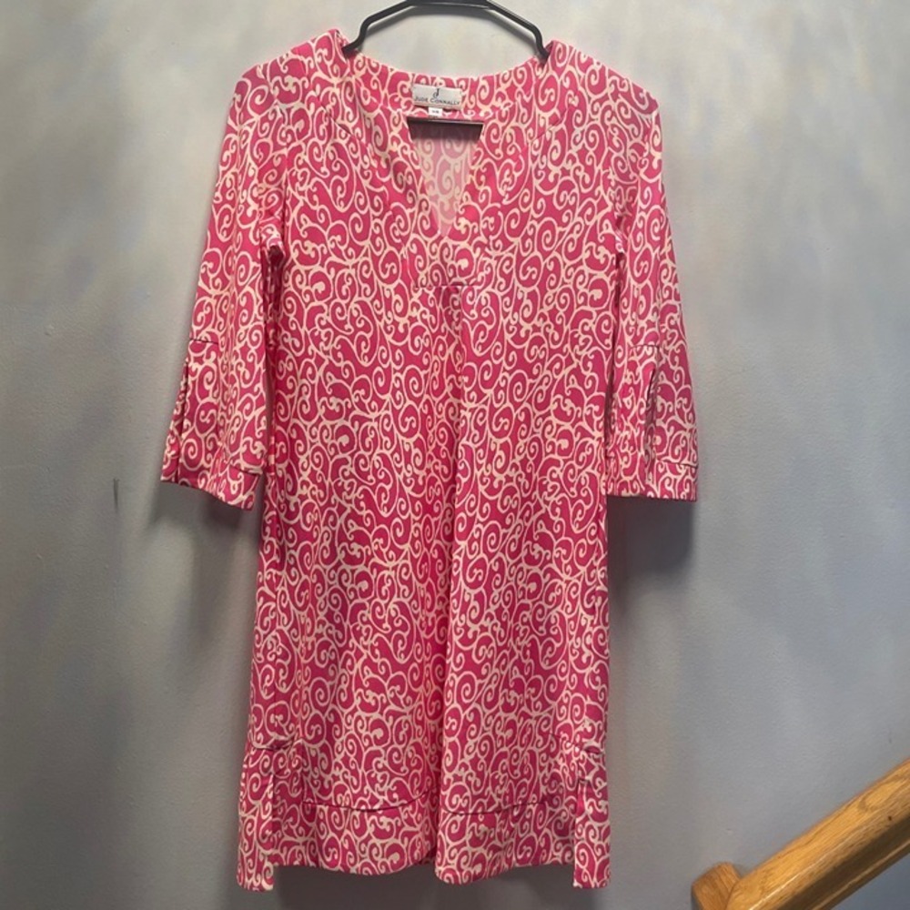 Jude Connally‎ Shift Dress Womens XS Pink White Scroll 3/4 Sleeve Excellent
